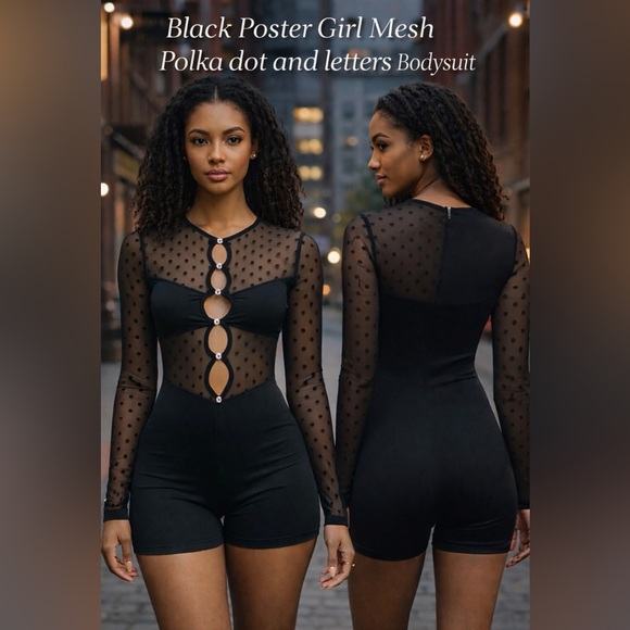 Tops - NWOT Elegant Black Poster Girl Polka Dot Mesh Bodysuit